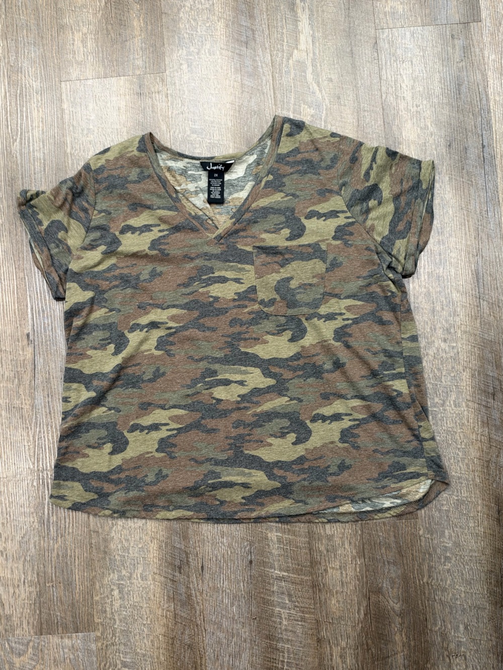 Justify plus size Women's Camo V-Neck Tee in Green and Brown